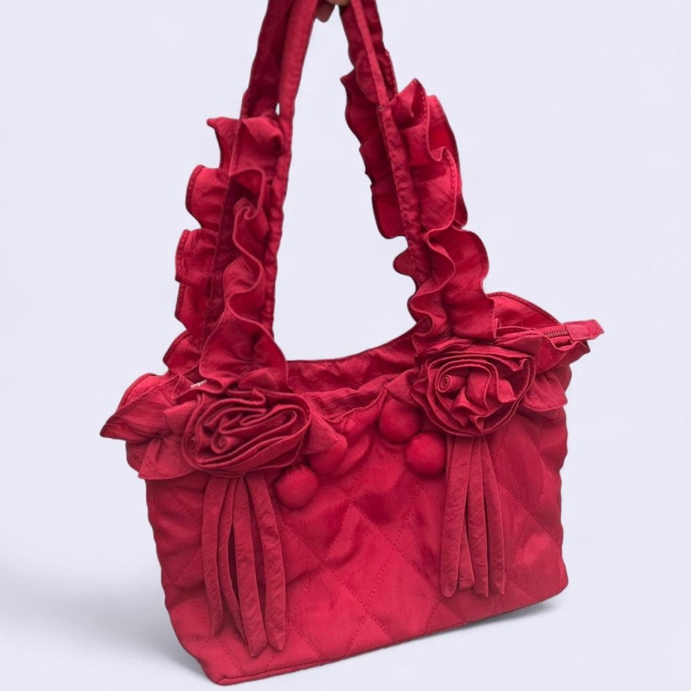 Vintage Red Quilted Handbag with Rosettes and Buttons Purse